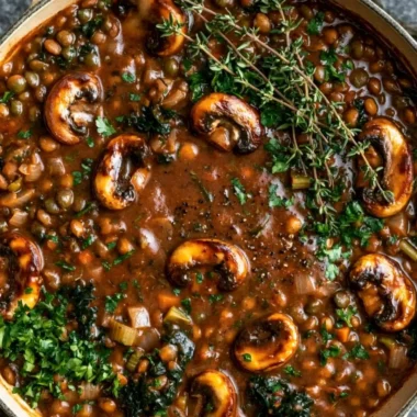 Bowl of hearty vegan lentil mushroom stew with fresh herbs and spices