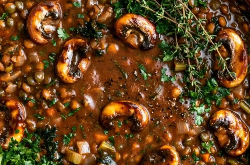 Bowl of hearty vegan lentil mushroom stew with fresh herbs and spices