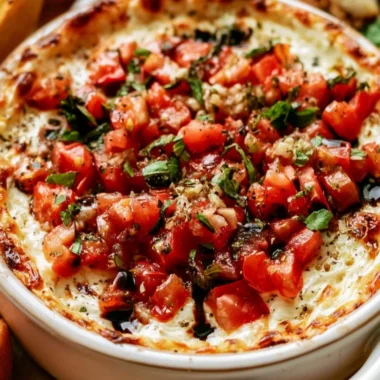 Baked Bruschetta Dip served in a baking dish with fresh herbs and tomatoes