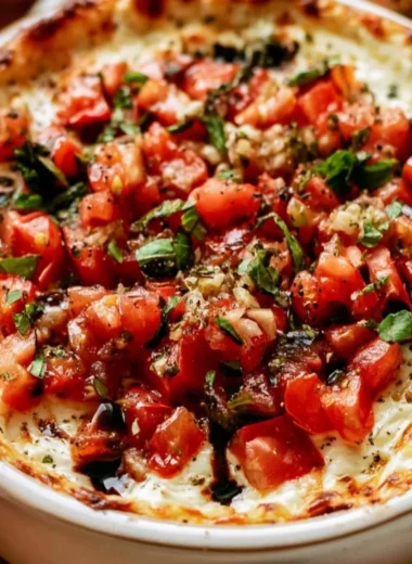 Baked Bruschetta Dip served in a baking dish with fresh herbs and tomatoes