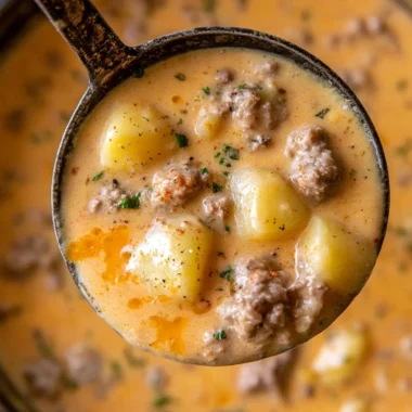 Bowl of cheesy beef and potato soup garnished with herbs