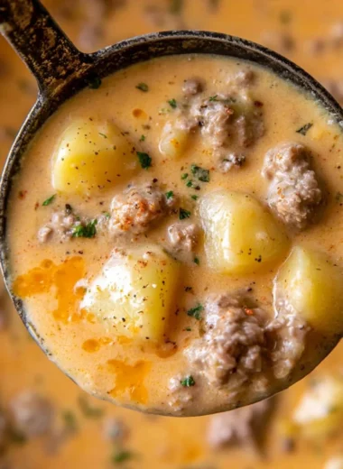 Bowl of cheesy beef and potato soup garnished with herbs
