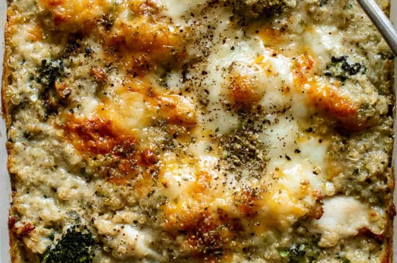 Cheesy quinoa bake with chicken and broccoli in a baking dish