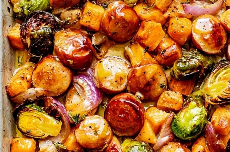 Sheet pan sausage with veggies drizzled in maple Dijon sauce for a family dinner.