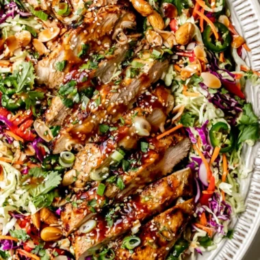 Healthy Honey Sriracha Salmon bowls with chicken and slaw