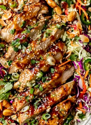 Healthy Honey Sriracha Salmon bowls with chicken and slaw