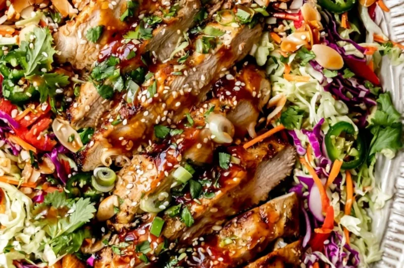 Healthy Honey Sriracha Salmon bowls with chicken and slaw