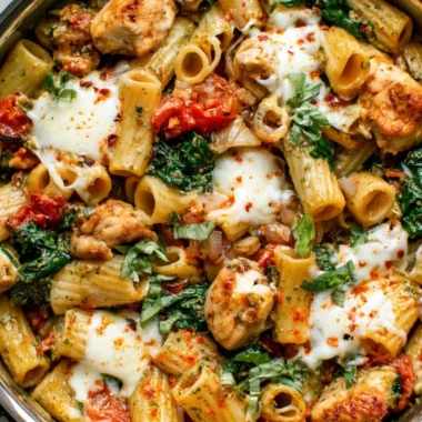 Pesto chicken pasta bake dish served in a rustic bowl with fresh basil garnish.