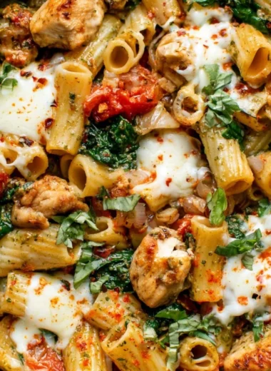 Pesto chicken pasta bake dish served in a rustic bowl with fresh basil garnish.