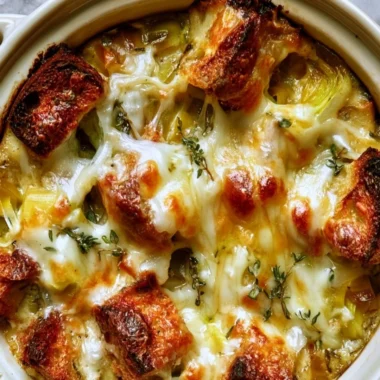 Savory Gruyere and leek bread pudding dish served in a warm setting.