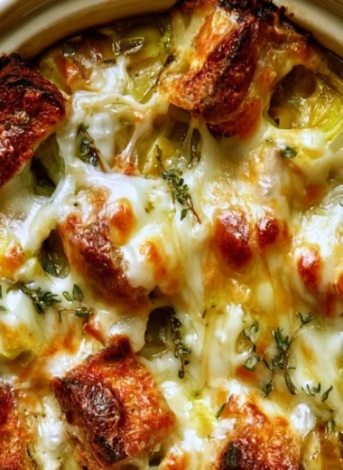 Savory Gruyere and leek bread pudding dish served in a warm setting.